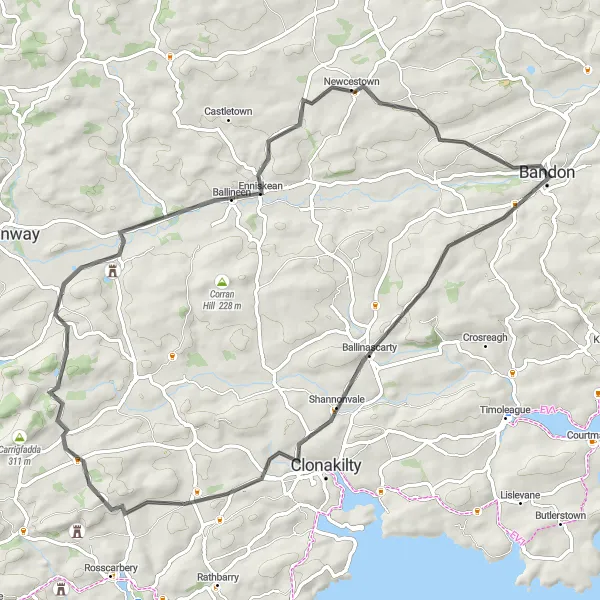 Map miniature of "Adventures in Hilly Terrain" cycling inspiration in Southern, Ireland. Generated by Tarmacs.app cycling route planner