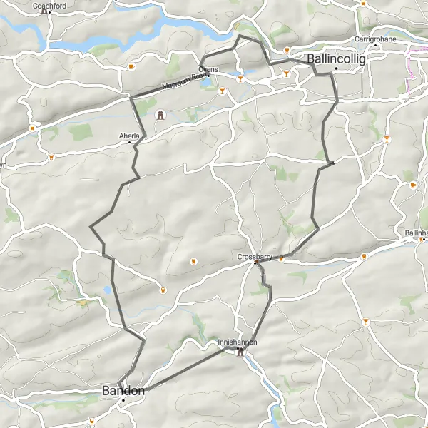 Map miniature of "The Kilcrea Loop" cycling inspiration in Southern, Ireland. Generated by Tarmacs.app cycling route planner
