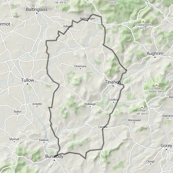 Map miniature of "The Bunclody to Carnew Excursion" cycling inspiration in Southern, Ireland. Generated by Tarmacs.app cycling route planner