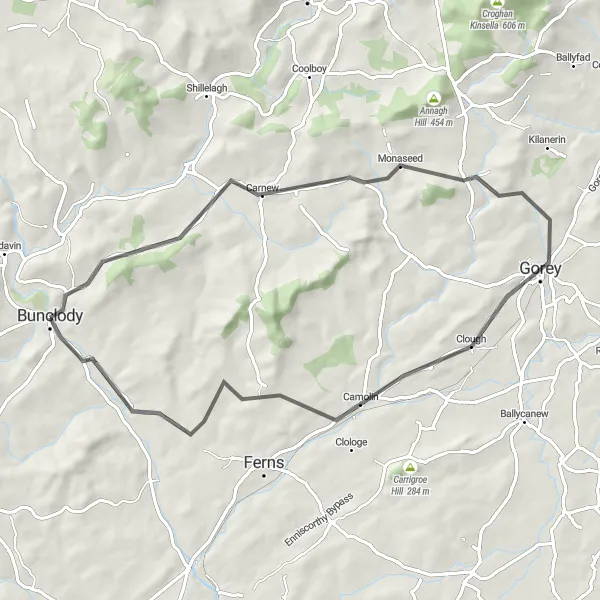 Map miniature of "The Bunclody to Camolin Loop" cycling inspiration in Southern, Ireland. Generated by Tarmacs.app cycling route planner