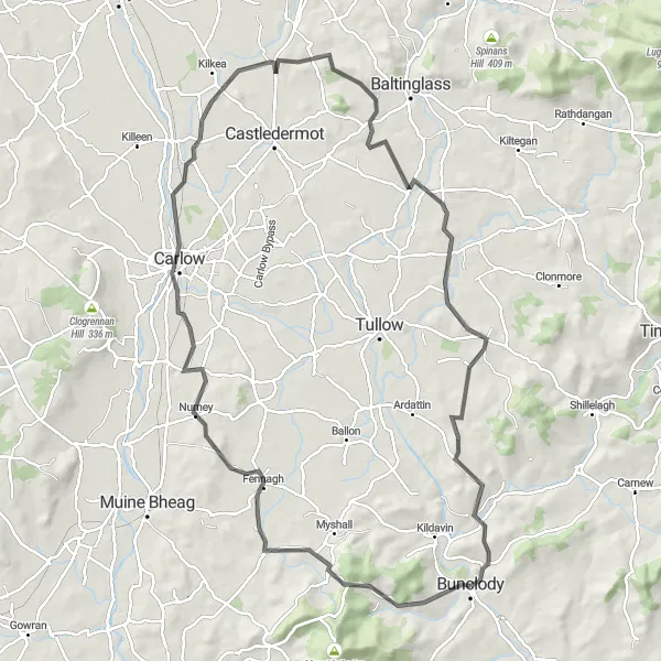 Map miniature of "The Bunclody to Clonegal Adventure" cycling inspiration in Southern, Ireland. Generated by Tarmacs.app cycling route planner