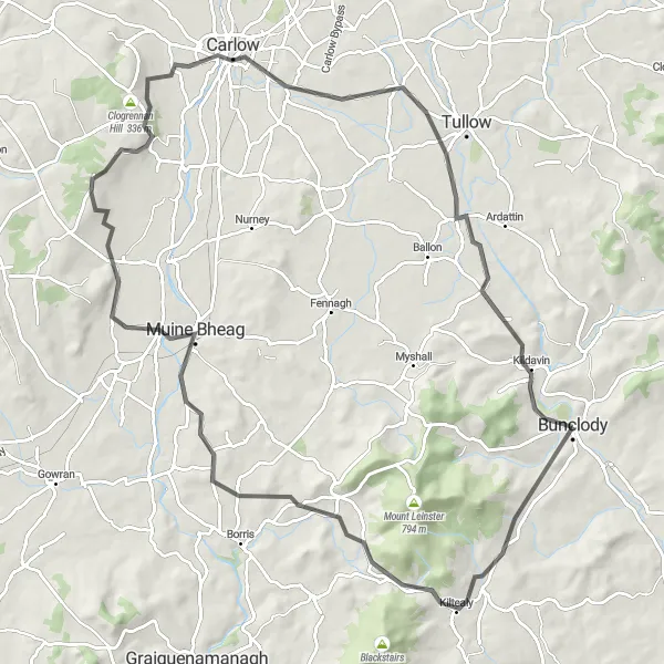 Map miniature of "The Carlow Adventure" cycling inspiration in Southern, Ireland. Generated by Tarmacs.app cycling route planner