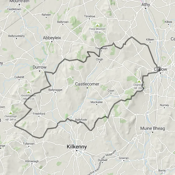 Map miniature of "Carlow to Tubbrid Castle Loop" cycling inspiration in Southern, Ireland. Generated by Tarmacs.app cycling route planner