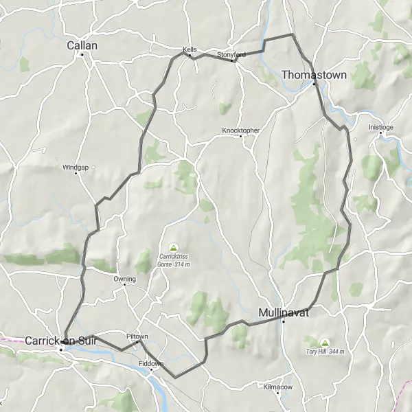 Map miniature of "Carrick-on-Suir Loop" cycling inspiration in Southern, Ireland. Generated by Tarmacs.app cycling route planner