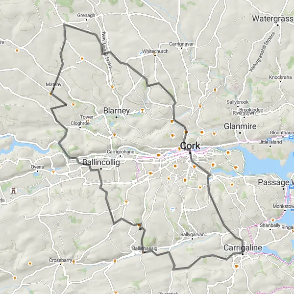 Map miniature of "Carrigaline Epic Road" cycling inspiration in Southern, Ireland. Generated by Tarmacs.app cycling route planner