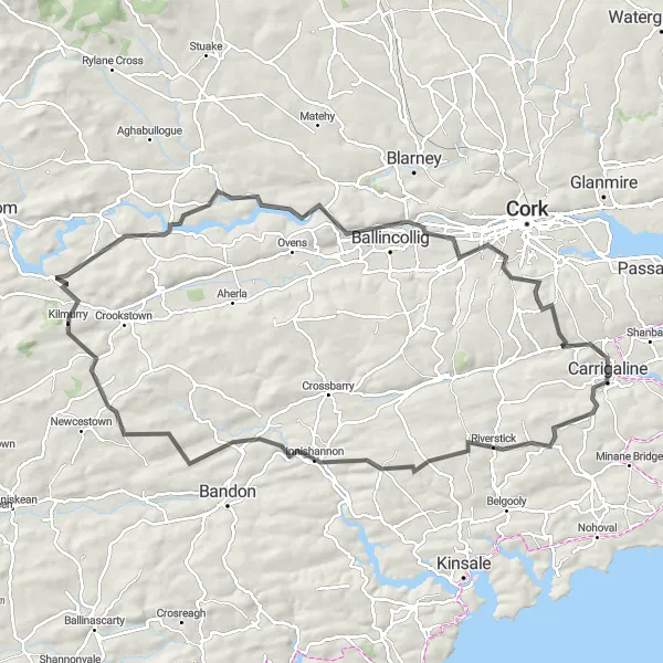 Map miniature of "Carrigaline to Dripsey Loop" cycling inspiration in Southern, Ireland. Generated by Tarmacs.app cycling route planner