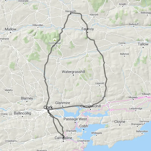 Map miniature of "Carrigaline to Douglas Coastal Ride" cycling inspiration in Southern, Ireland. Generated by Tarmacs.app cycling route planner