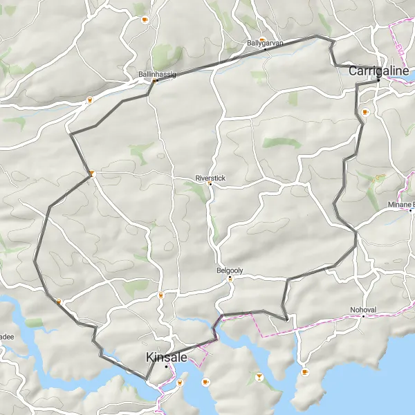 Map miniature of "Carrigaline to Kinsale Coastal Ride" cycling inspiration in Southern, Ireland. Generated by Tarmacs.app cycling route planner
