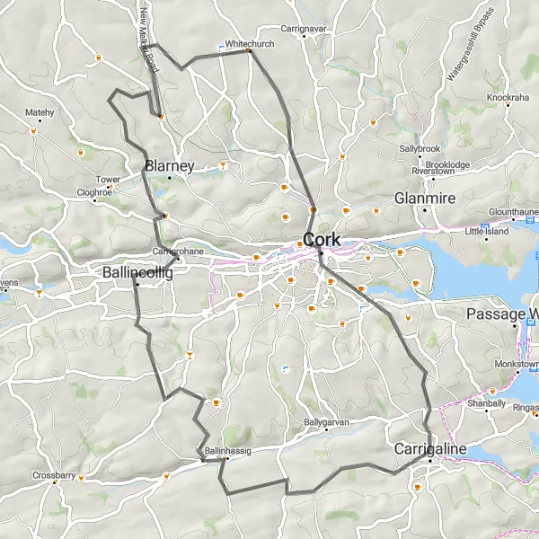 Map miniature of "Carrigaline to Cork City Tour" cycling inspiration in Southern, Ireland. Generated by Tarmacs.app cycling route planner
