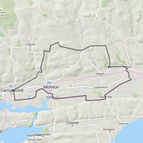 Map miniature of "Hairdressers and Castles" cycling inspiration in Southern, Ireland. Generated by Tarmacs.app cycling route planner