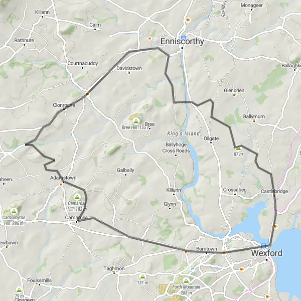 Map miniature of "Wexford Adventure" cycling inspiration in Southern, Ireland. Generated by Tarmacs.app cycling route planner