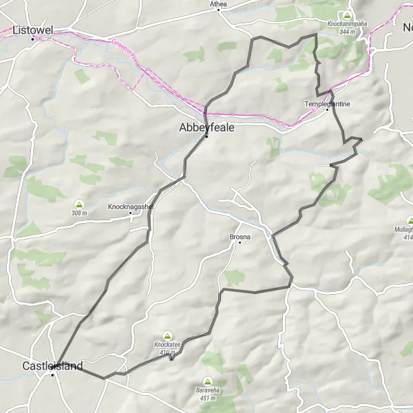 Map miniature of "Castleisland to Abbeyfeale and Knockawarriga Round Trip" cycling inspiration in Southern, Ireland. Generated by Tarmacs.app cycling route planner