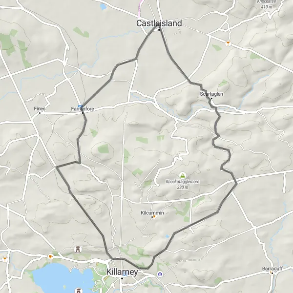 Map miniature of "The Farranfore Challenge" cycling inspiration in Southern, Ireland. Generated by Tarmacs.app cycling route planner