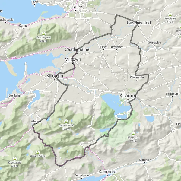 Map miniature of "Castleisland to Killarney and Killorglin Round Trip" cycling inspiration in Southern, Ireland. Generated by Tarmacs.app cycling route planner