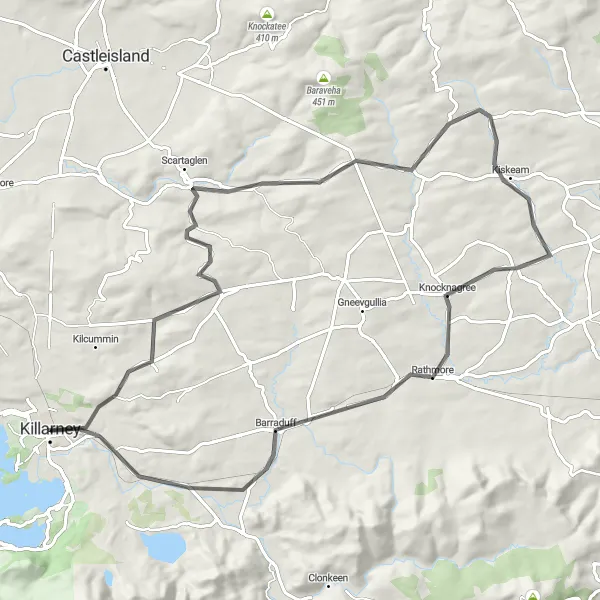 Map miniature of "Knocknagree Adventure" cycling inspiration in Southern, Ireland. Generated by Tarmacs.app cycling route planner