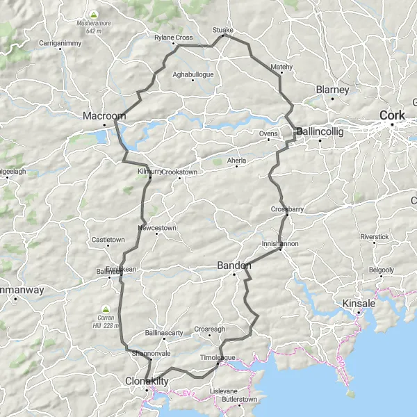 Map miniature of "Clonakilty and Surrounding Valleys" cycling inspiration in Southern, Ireland. Generated by Tarmacs.app cycling route planner