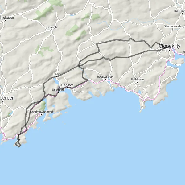 Map miniature of "Hidden Gems of West Cork" cycling inspiration in Southern, Ireland. Generated by Tarmacs.app cycling route planner