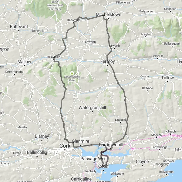 Map miniature of "Cobh Gravel Adventure" cycling inspiration in Southern, Ireland. Generated by Tarmacs.app cycling route planner