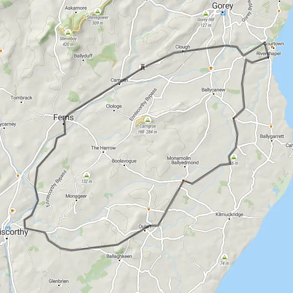 Map miniature of "Oulart to Riverchapel Circular Route" cycling inspiration in Southern, Ireland. Generated by Tarmacs.app cycling route planner