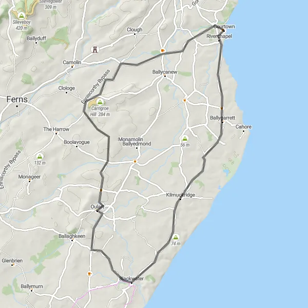 Map miniature of "Coastal Delights: Riverchapel to Courtown" cycling inspiration in Southern, Ireland. Generated by Tarmacs.app cycling route planner