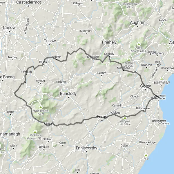 Map miniature of "Countryside Escapade: Riverchapel to Shillelagh" cycling inspiration in Southern, Ireland. Generated by Tarmacs.app cycling route planner