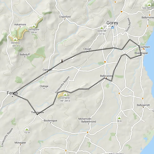 Map miniature of "Ballycanew and Camolin Loop" cycling inspiration in Southern, Ireland. Generated by Tarmacs.app cycling route planner