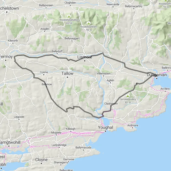 Map miniature of "The Nire Valley Loop" cycling inspiration in Southern, Ireland. Generated by Tarmacs.app cycling route planner