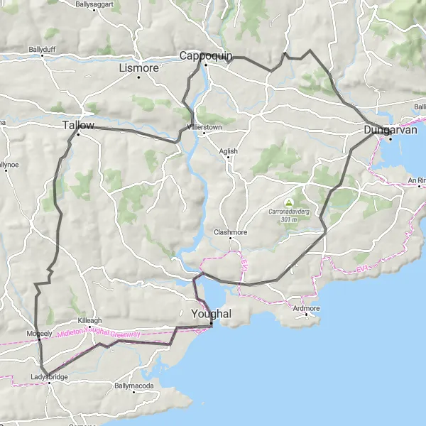 Map miniature of "The Coastal Castles" cycling inspiration in Southern, Ireland. Generated by Tarmacs.app cycling route planner