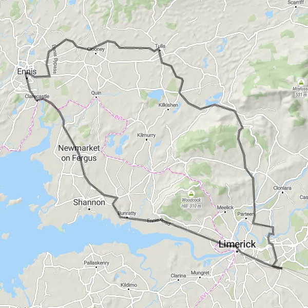 Map miniature of "The Limerick Loop" cycling inspiration in Southern, Ireland. Generated by Tarmacs.app cycling route planner