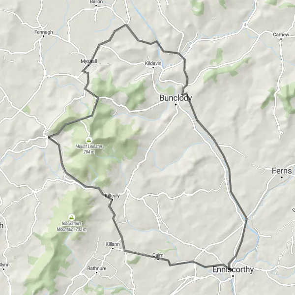 Map miniature of "Enniscorthy Adventure" cycling inspiration in Southern, Ireland. Generated by Tarmacs.app cycling route planner