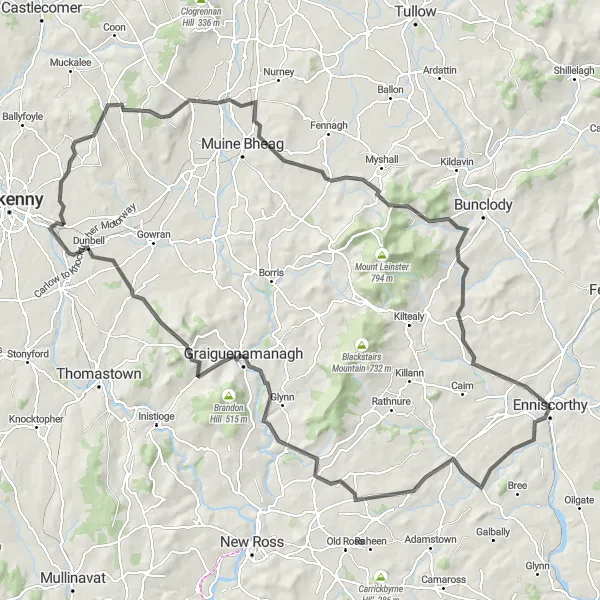 Map miniature of "Enniscorthy Grand Tour" cycling inspiration in Southern, Ireland. Generated by Tarmacs.app cycling route planner