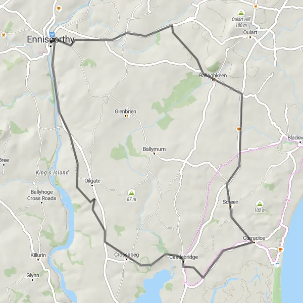 Map miniature of "Enniscorthy to Oilgate Scenic Ride" cycling inspiration in Southern, Ireland. Generated by Tarmacs.app cycling route planner
