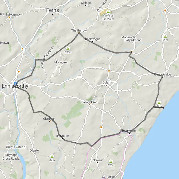 Map miniature of "Enniscorthy to Kilmuckridge Loop" cycling inspiration in Southern, Ireland. Generated by Tarmacs.app cycling route planner