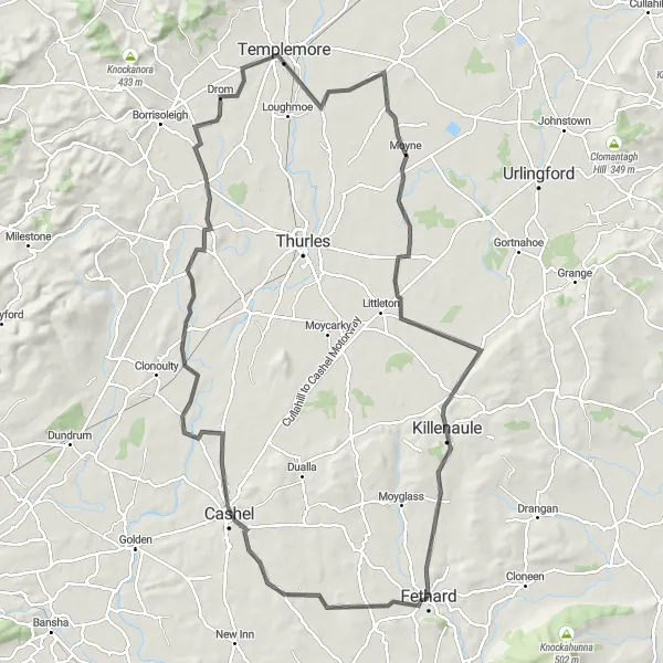 Map miniature of "Rock of Cashel and Templemore Adventure" cycling inspiration in Southern, Ireland. Generated by Tarmacs.app cycling route planner