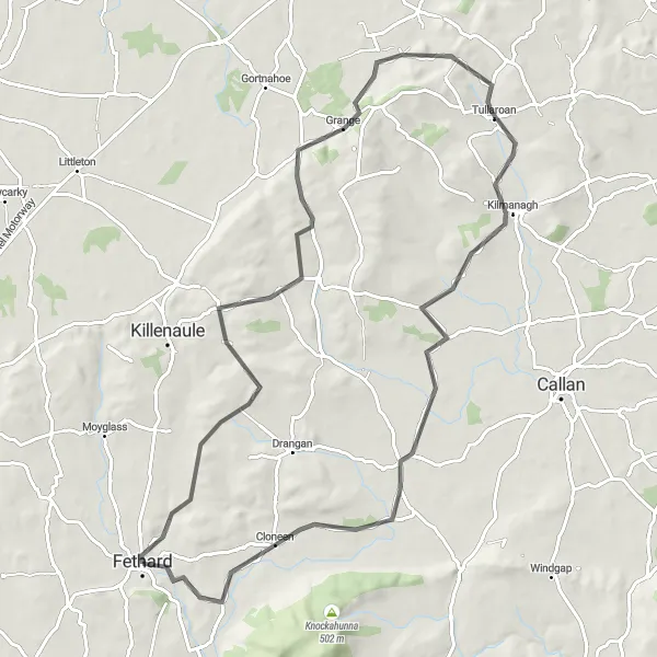Map miniature of "Grange and Mullinahone Circuit" cycling inspiration in Southern, Ireland. Generated by Tarmacs.app cycling route planner