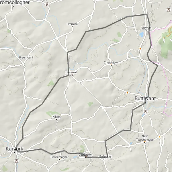 Map miniature of "Liscarroll Loop" cycling inspiration in Southern, Ireland. Generated by Tarmacs.app cycling route planner