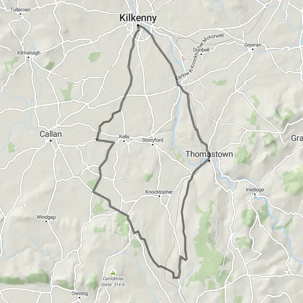 Map miniature of "Thomastown Adventure" cycling inspiration in Southern, Ireland. Generated by Tarmacs.app cycling route planner