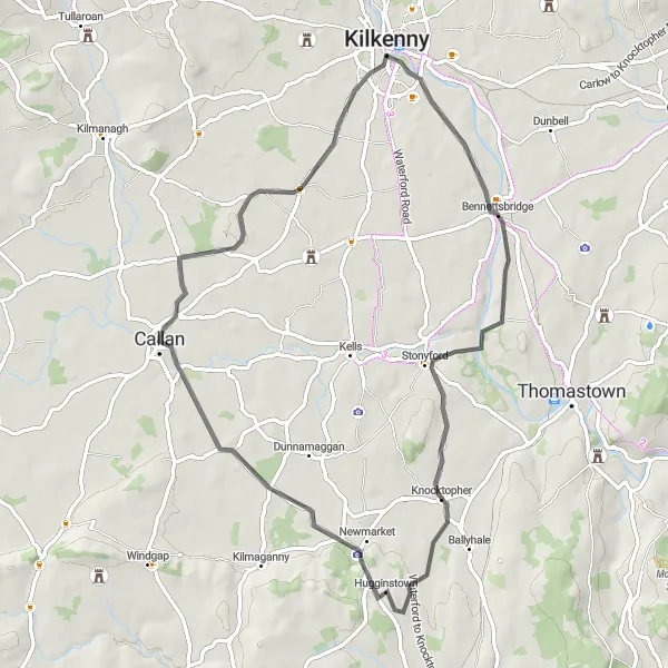 Map miniature of "Medieval Kilkenny" cycling inspiration in Southern, Ireland. Generated by Tarmacs.app cycling route planner