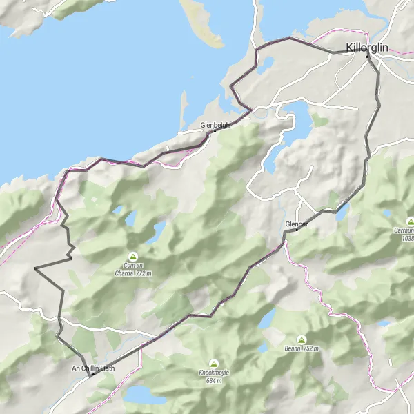 Map miniature of "Killorglin Loop via Knocknabrone Hill" cycling inspiration in Southern, Ireland. Generated by Tarmacs.app cycling route planner