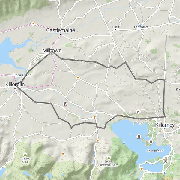Map miniature of "Milltown to Killarney Loop" cycling inspiration in Southern, Ireland. Generated by Tarmacs.app cycling route planner