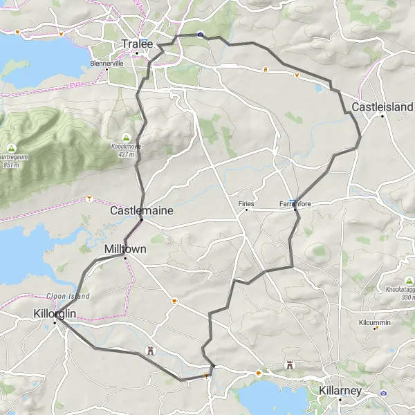 Map miniature of "Castlemaine Circuit via Farranfore" cycling inspiration in Southern, Ireland. Generated by Tarmacs.app cycling route planner