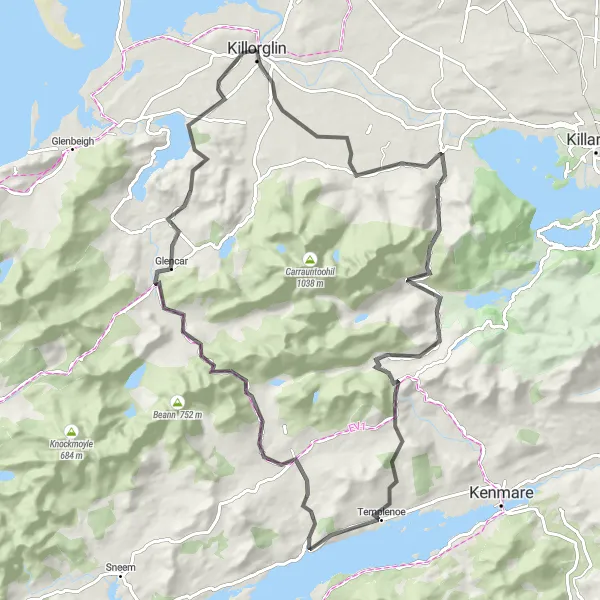 Map miniature of "Killorglin Epic Adventure" cycling inspiration in Southern, Ireland. Generated by Tarmacs.app cycling route planner