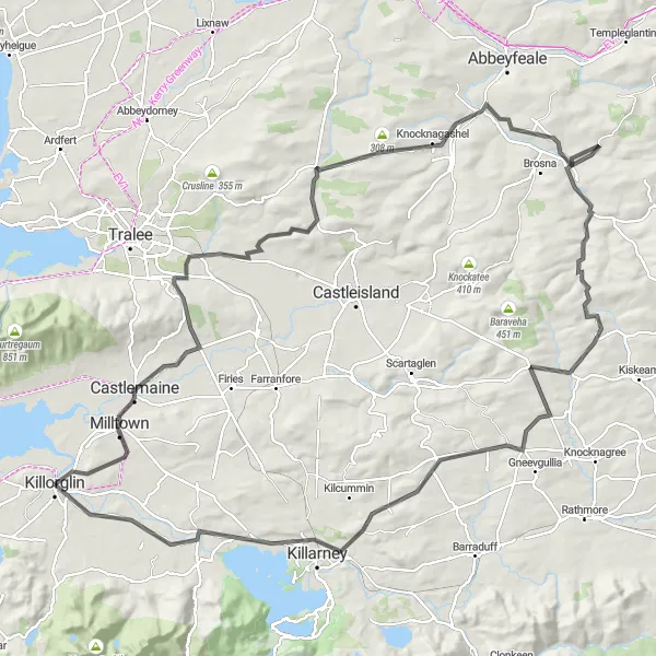 Map miniature of "The Ring of Kerry Loop" cycling inspiration in Southern, Ireland. Generated by Tarmacs.app cycling route planner