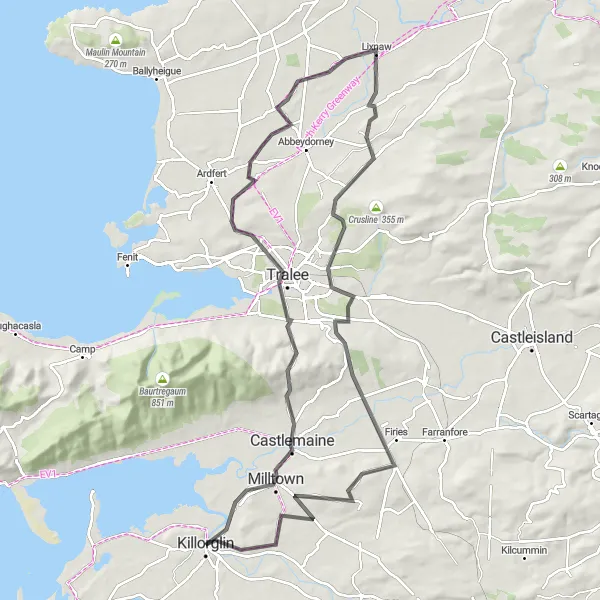 Map miniature of "The Tralee Adventure" cycling inspiration in Southern, Ireland. Generated by Tarmacs.app cycling route planner