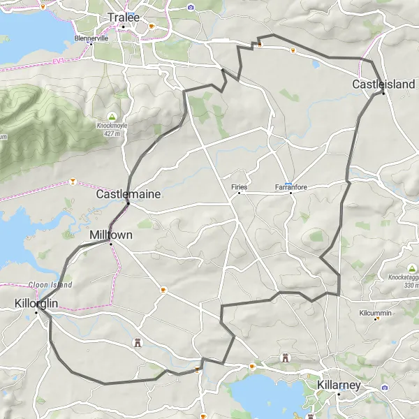 Map miniature of "The Castleisland Loop" cycling inspiration in Southern, Ireland. Generated by Tarmacs.app cycling route planner