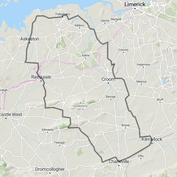 Map miniature of "The East Limerick Exploration" cycling inspiration in Southern, Ireland. Generated by Tarmacs.app cycling route planner