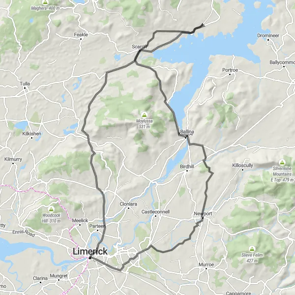 Map miniature of "Limerick Loop" cycling inspiration in Southern, Ireland. Generated by Tarmacs.app cycling route planner