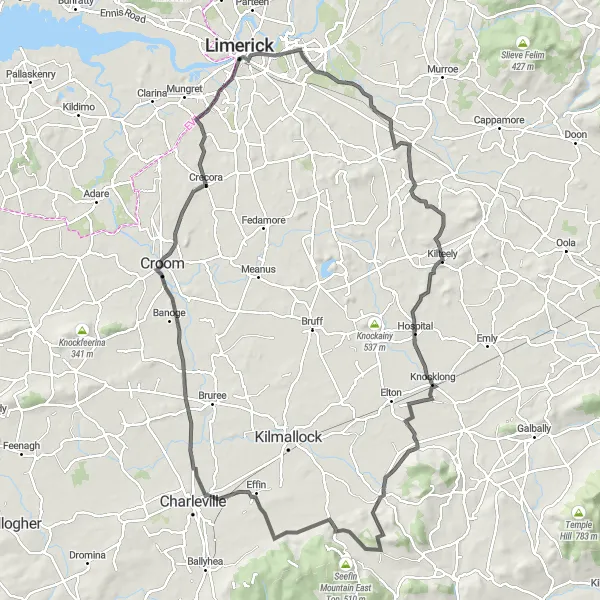 Map miniature of "Limerick Loop: Ancient Castles and Scenic Trails" cycling inspiration in Southern, Ireland. Generated by Tarmacs.app cycling route planner