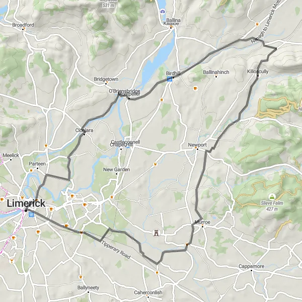 Map miniature of "Abington - Birdhill Loop" cycling inspiration in Southern, Ireland. Generated by Tarmacs.app cycling route planner