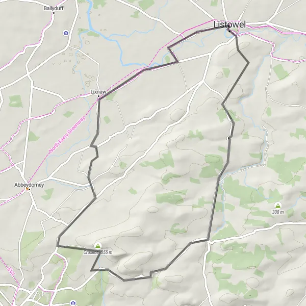 Map miniature of "Listowel Loop" cycling inspiration in Southern, Ireland. Generated by Tarmacs.app cycling route planner